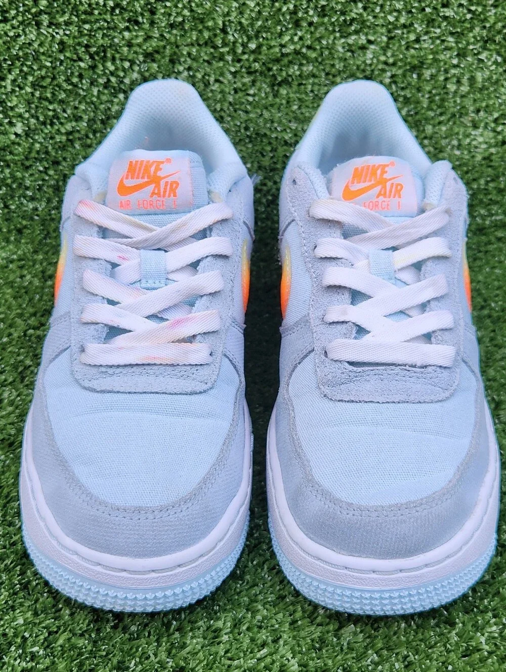 Nike Air Force 1 Big Kids Glacier Blue/Orange Leather Sneakers Size 4.5 Youth